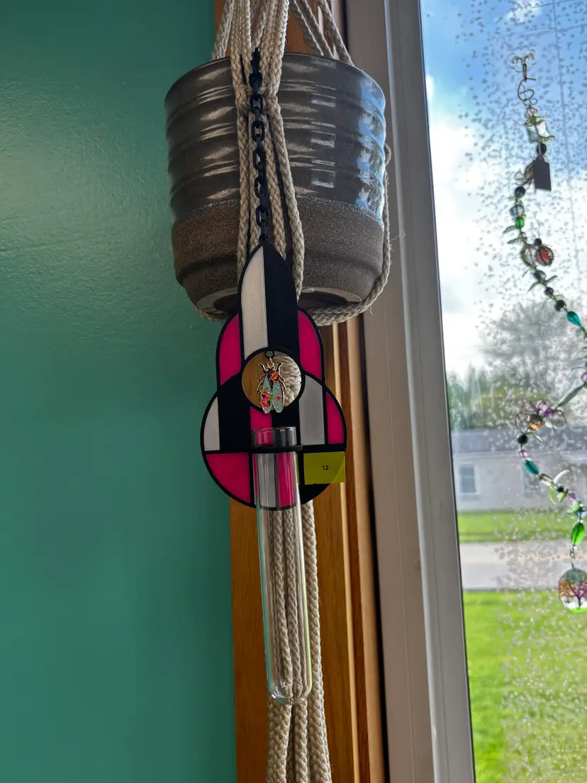 Faux Stained Glass Hot Pink Propagation Station Hanger with Floral Insect Charm