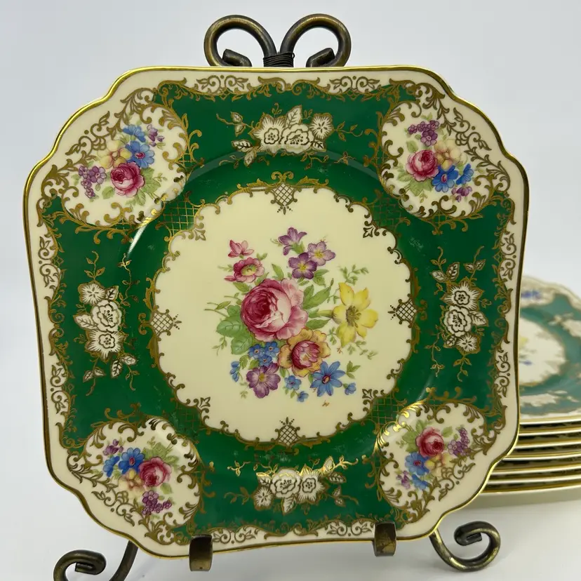 Antique Heinrich Square Porcelain Salad Plates Green Floral Gold Rim Ivory Body Supreme Set/8