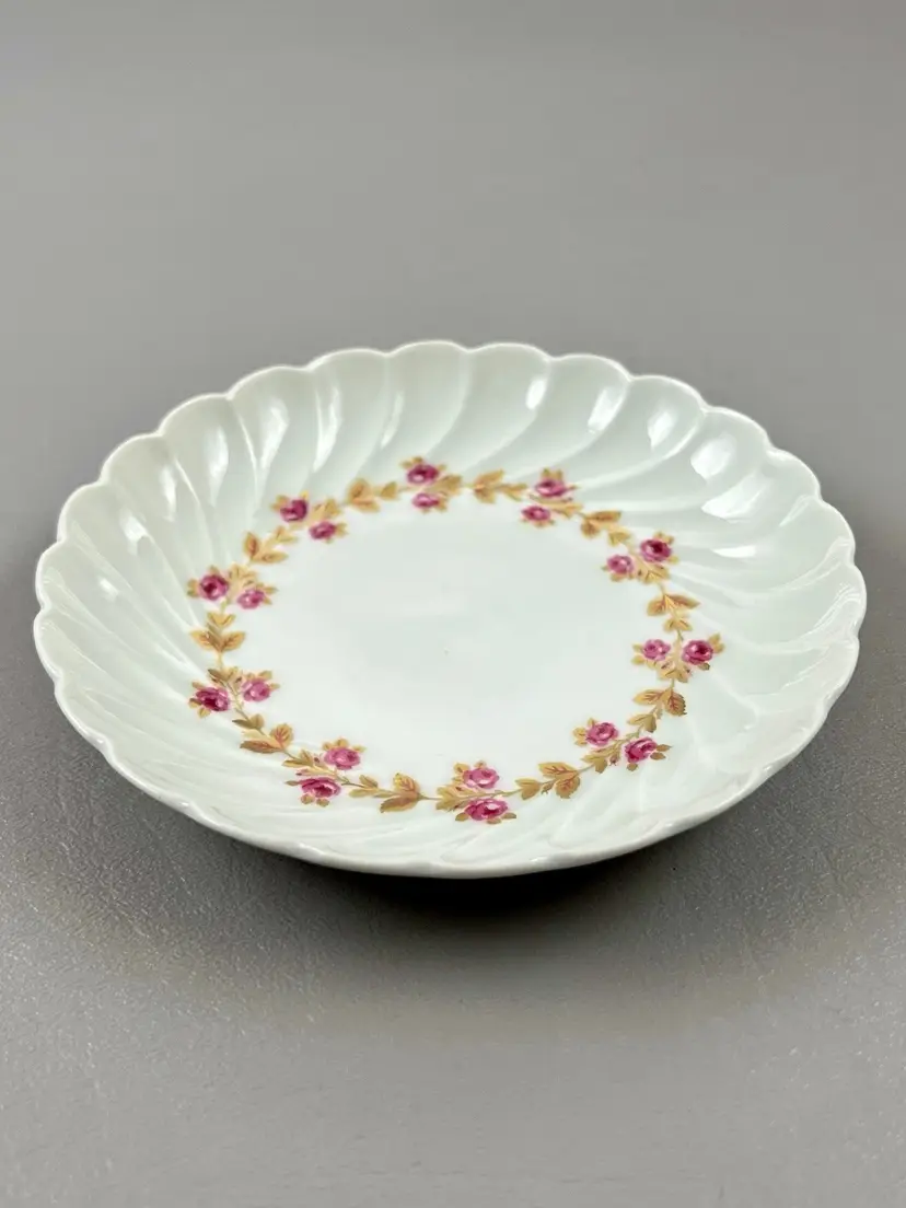 Vintage Haviland Limoges France 5” Trinket Ring Dish Pink Roses Floral Scalloped Edge
