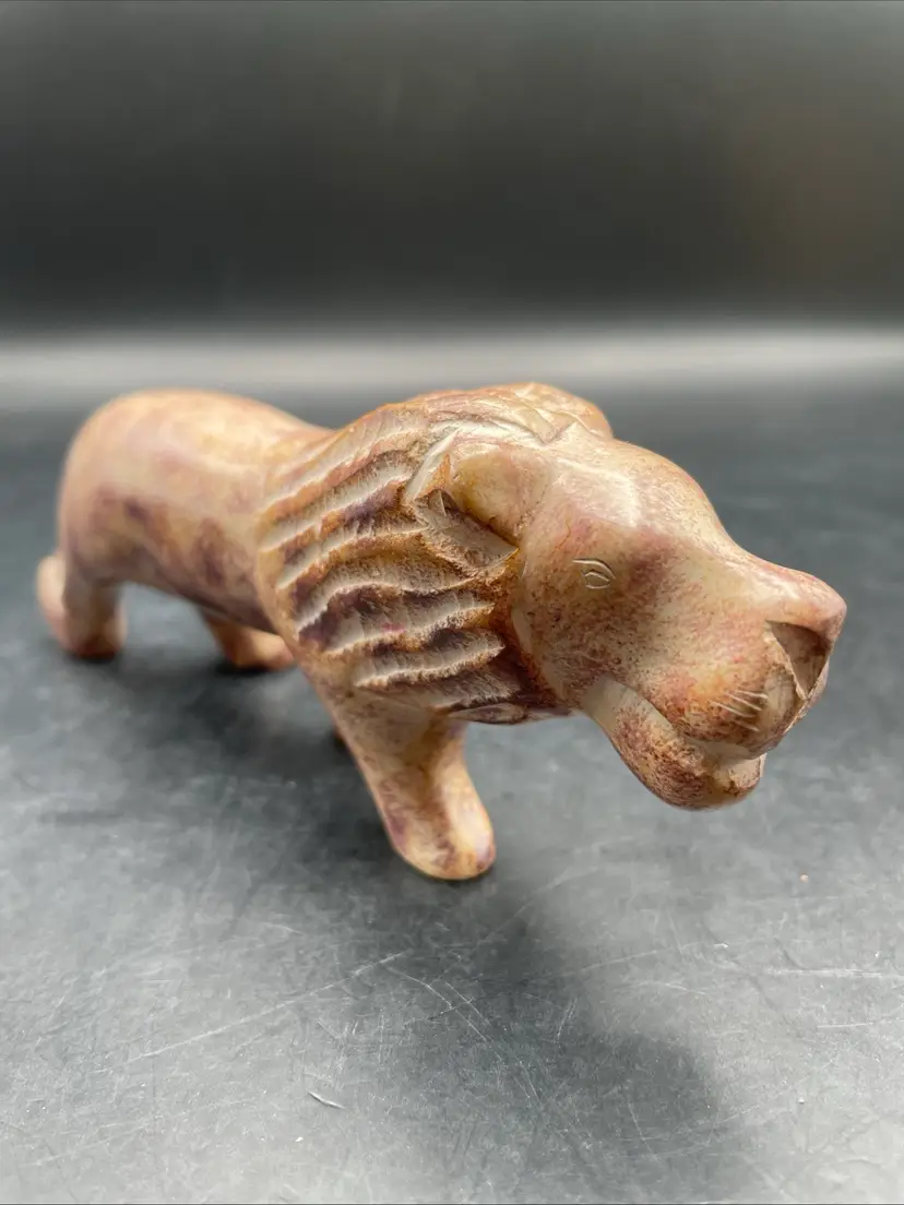 VTG Alabaster Carved Lion Signed Kioko W/Zebra Imprint