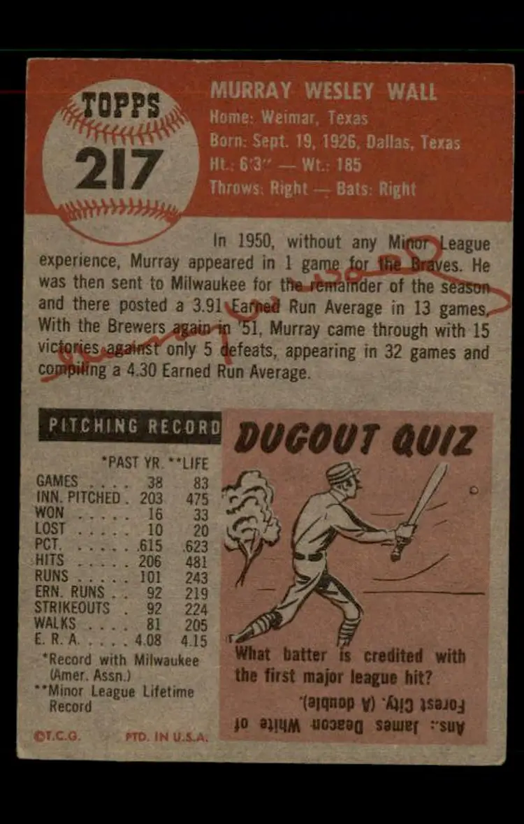 1953 Topps #217 Murray Wall - (pk-tl1) - Milwaukee Braves