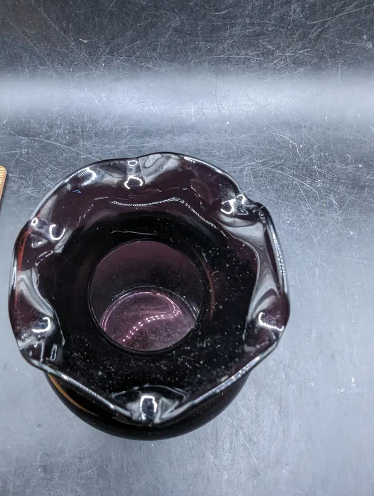 Vintage Dark Amethyst Glass Vase With Ruffles Edge