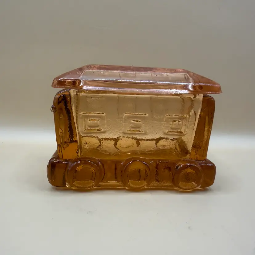 Amber Peach Depression Glass Train Car Trinket Box 3.25x2.25”