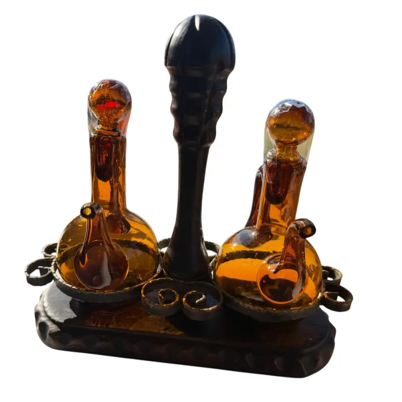Vintage Amber Glass Oil and Vinegar Bottles with Metal and Wood Caddy Made in Spain Oil & Vinegar Cruet