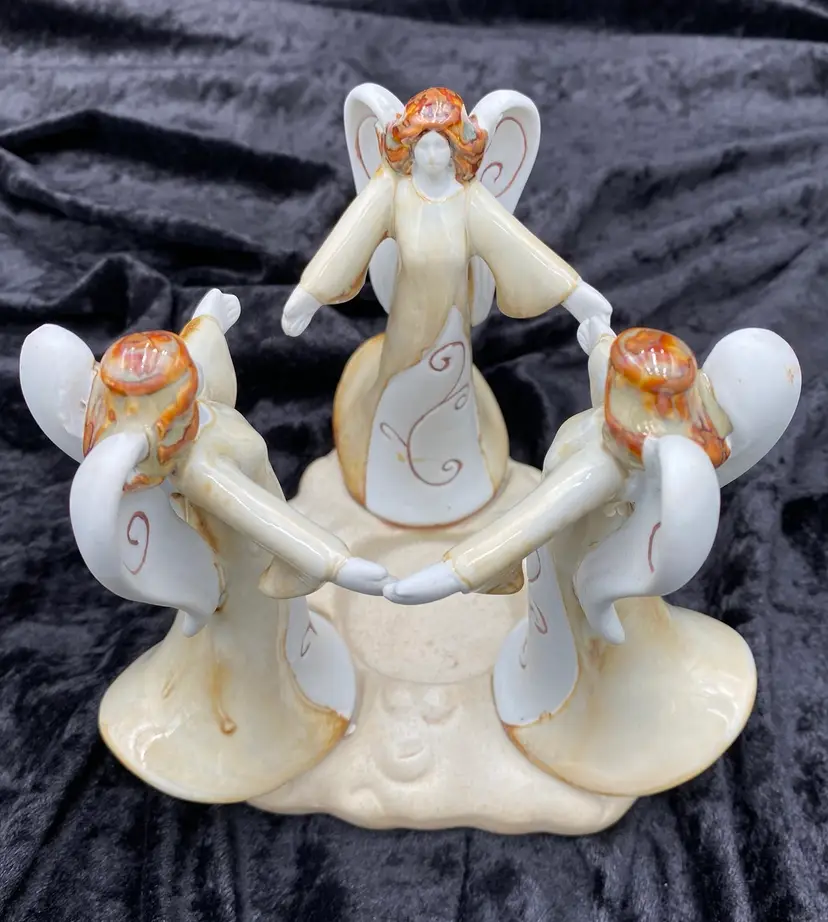 Vintage Stoneware Circle of Three Angels Holding Hands, Votive Candle Holder, 5.75”