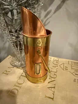 Copper and Brass Fireplace Matchstick Holder with Handle and Striker