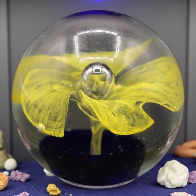 Cobalt Blue with Lacy Yellow Flower & Center Bubble Paperweight 2 1/2” Tall 1#1.5oz
