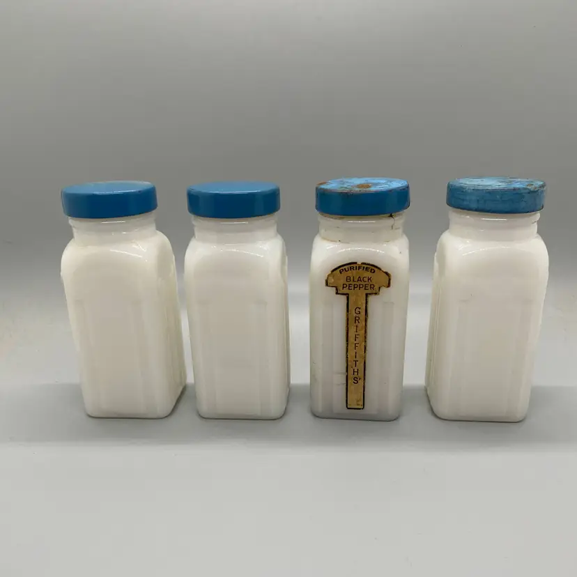 Vintage Griffiths Blue Metal Lids Milk Glass Spice Jars Set of 4