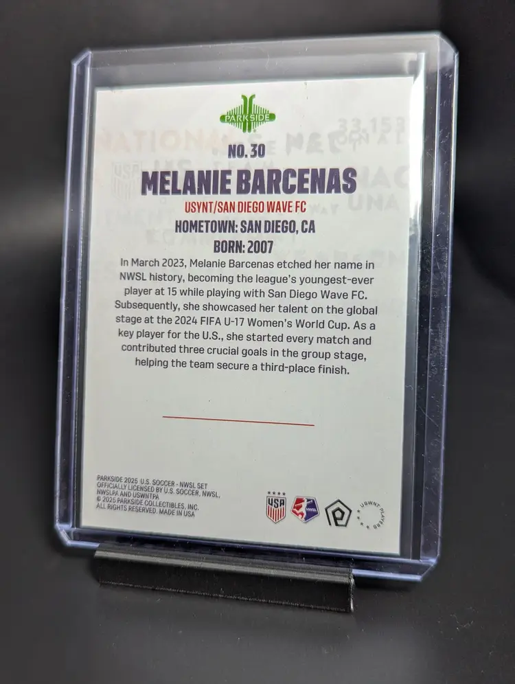 2025 Parkside NWSL/USWNT Club and Country Melanie Barcenas Laser Foil /99 San Diego Wave