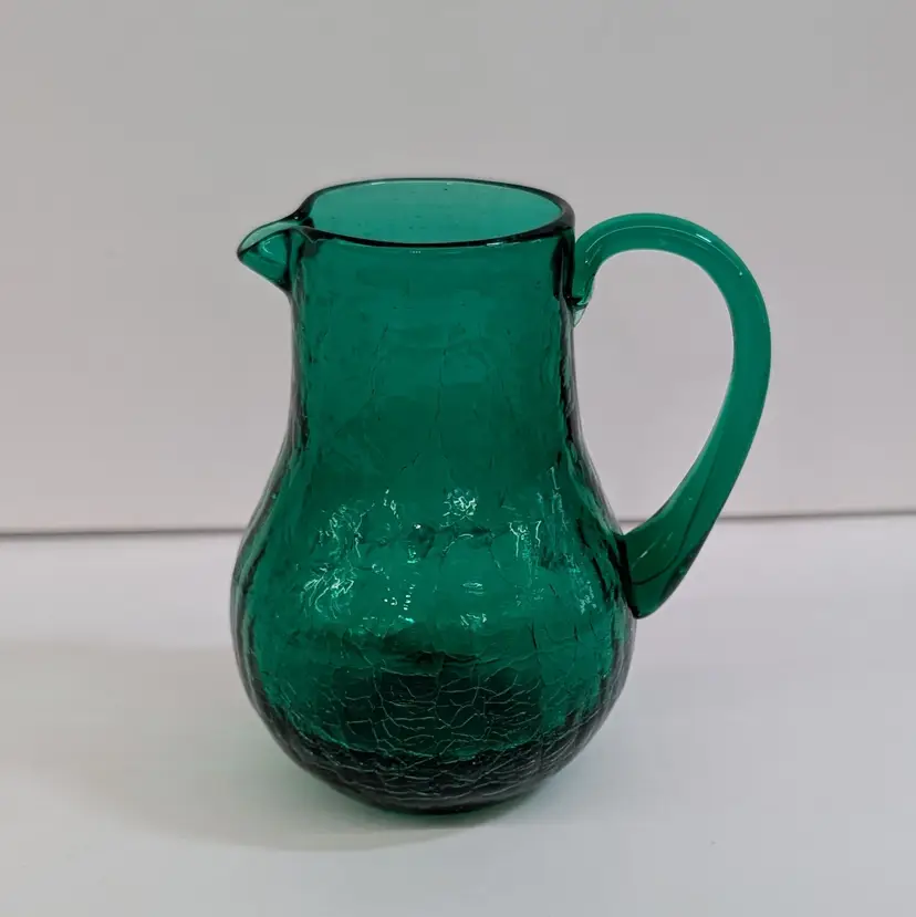 Vintage Emerald Green Hand Blown Small Crackle Glass Pitcher Applied Handle 3.5"