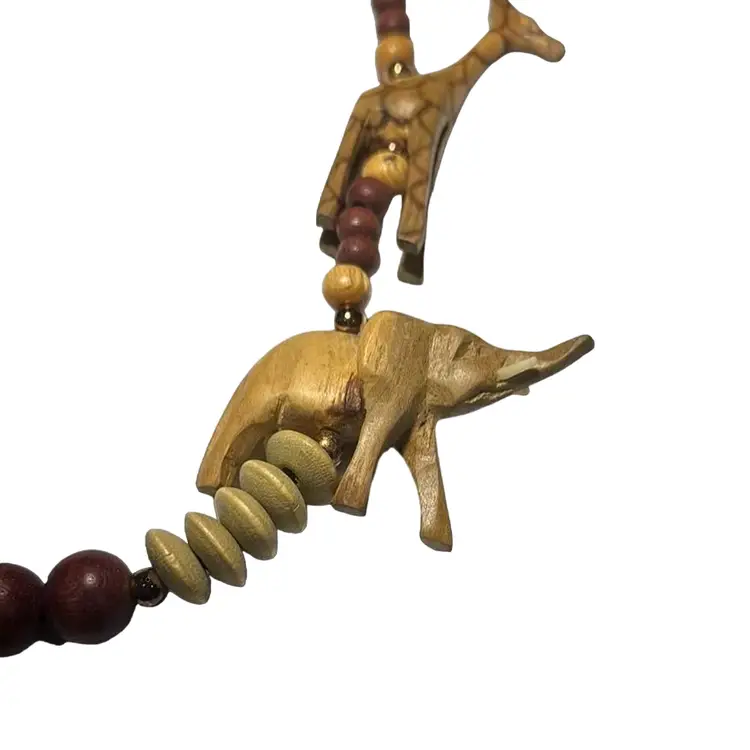 14'' long Vintage Costume Jewelry Necklace, variety of animals Made from Teak Wood