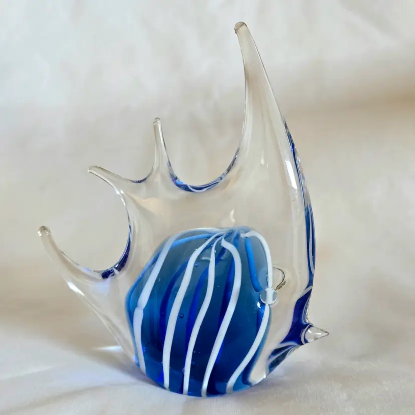Art Glass Paperweight Angel Fish Figurine Blue White & Clear 3¾" Long x 4¼" Tall