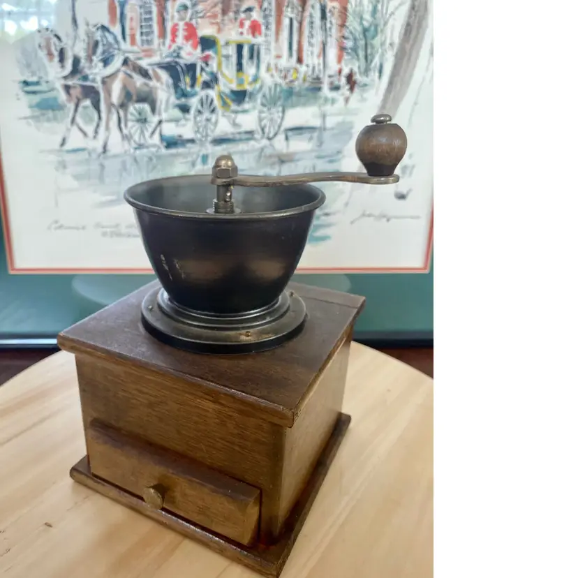 Vintage Retro Wood Coffee Grinder with Bottom Drawer | Rustic Kitchen Manual Hand Crank Tabletop Catch Drawer