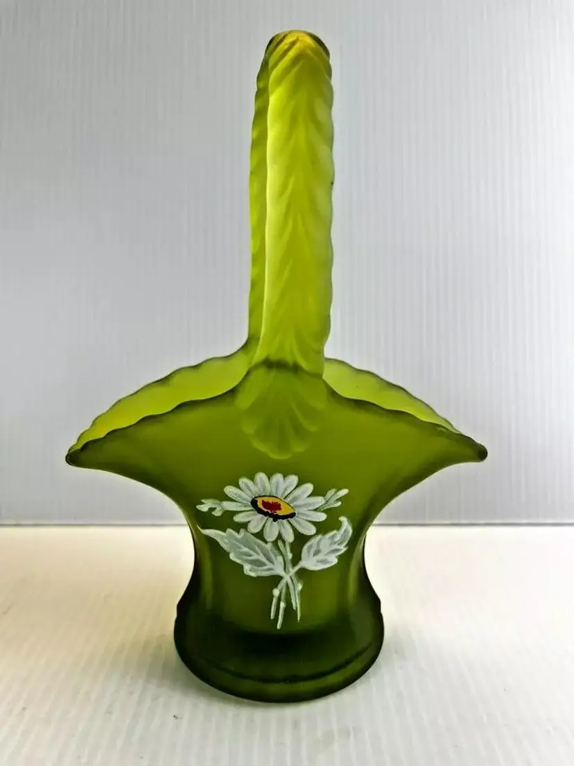 Vintage 70s Westmoreland Green Frosted Glass Hand Painted Daisies Handled Basket