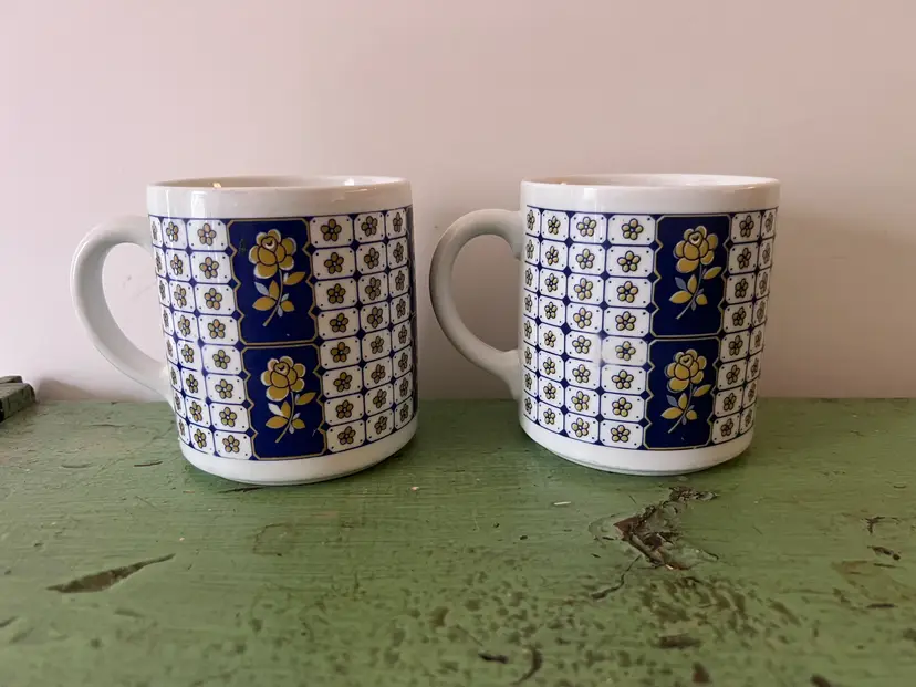 Pair Vintage Bareuther Waldsassen Blue Flower Coffee Mugs. Made in Bavaria Germany. 1970s Mod