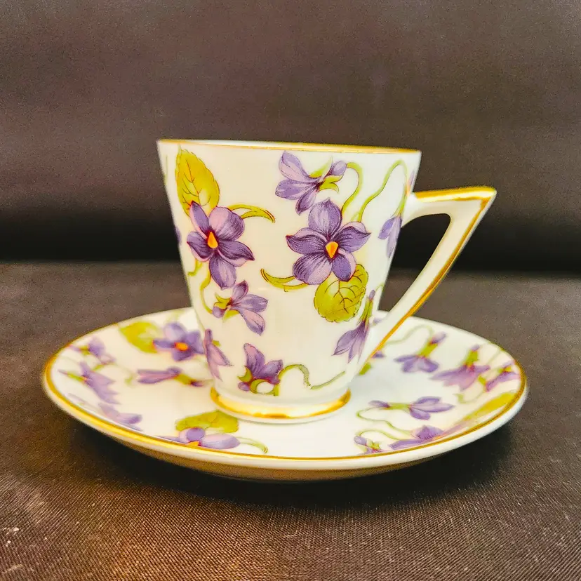 Miniature Violets Tea Cup by Mitterteich Bavaria February Birth Flower w Saucer Demitasse Art Deco - Germany