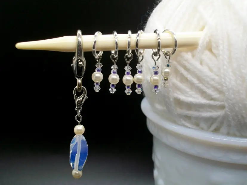 Blue Opalite and Pearl Bead Knit Crochet Row Marker and 6 Stitch Markers Repuposed Broken Jewelry