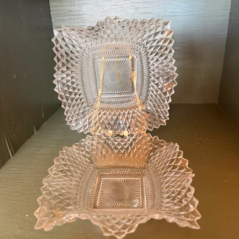 2- Vintage Indiana Clear Glass Diamond Point Square Candy, Nut, Trinket Dish 7"