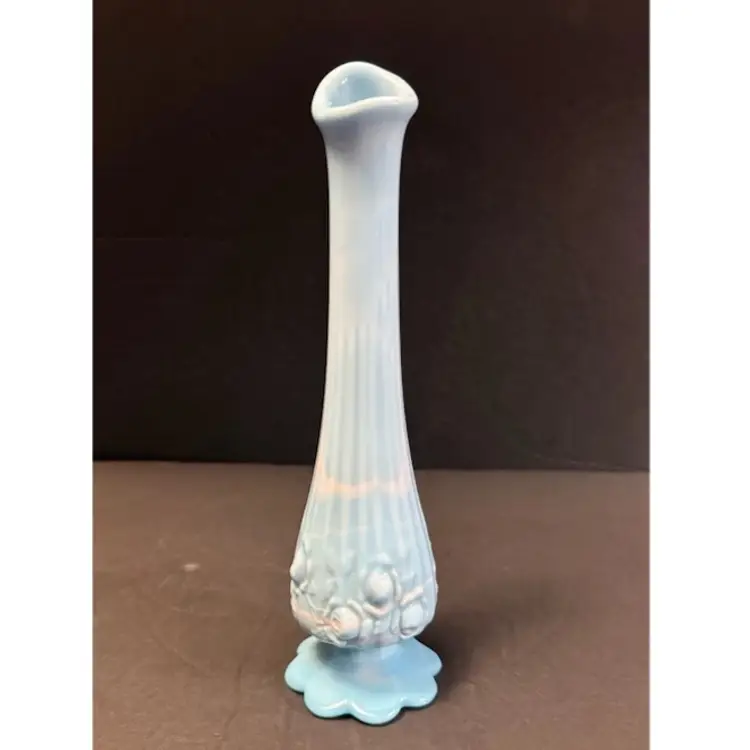 Vtg Fenton Slag Glass Cabbage Rose Blue Swung Glass Vase 9”