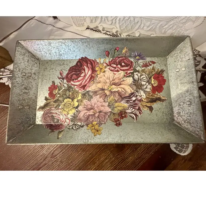 Up-Cycled Galvanized Tray With Florals 23”x 11”