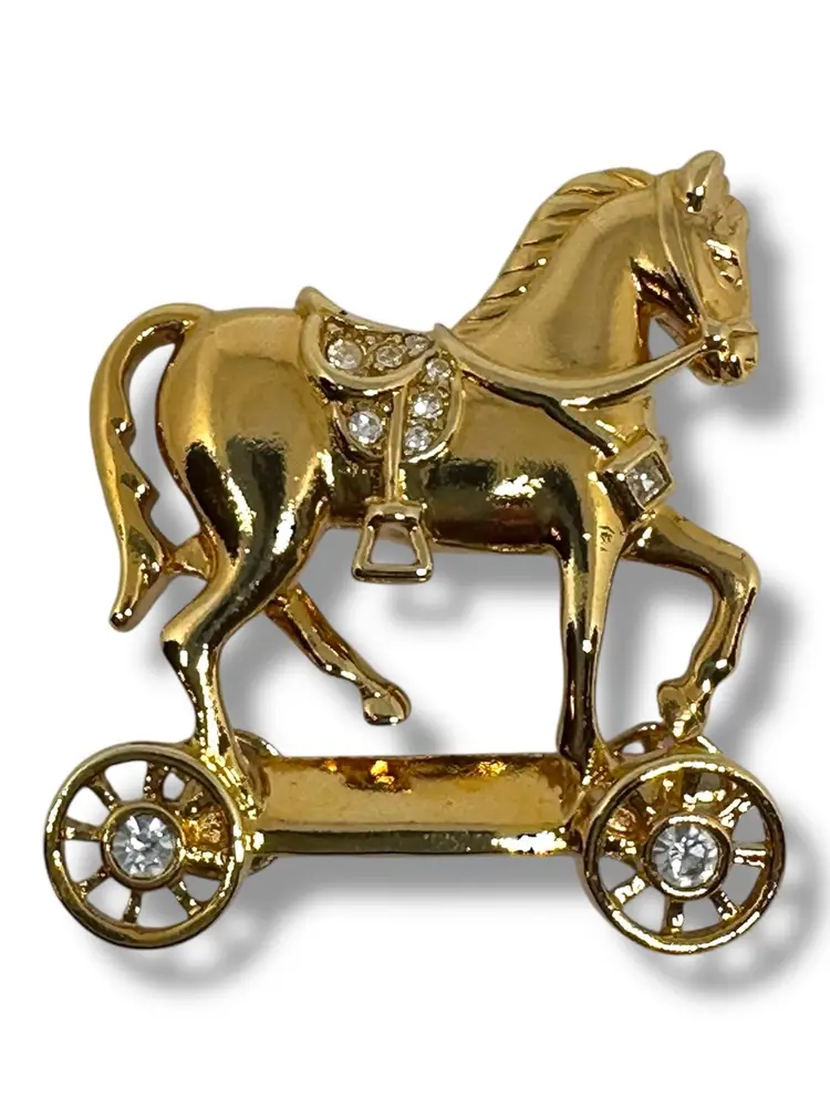 Avon Smithsonian Toy horse brooch rhinestone gold 1980s Signed Collectible VTG