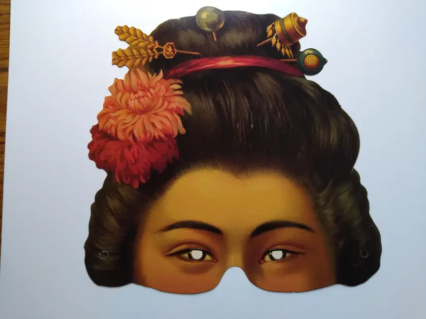 Share Vintage Asian Woman Paper Mask Geisha Style Costume Eye Mask Floral Hair