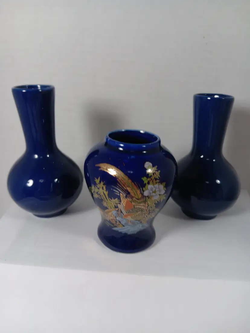 Cobalt Blue Vase Trio with Gold Accent