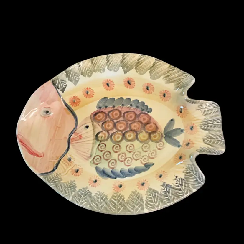 Large Vintage Hand Painted Ceramic Fish In A Fish Serving Platter Made In Italy 13”x 10.5”