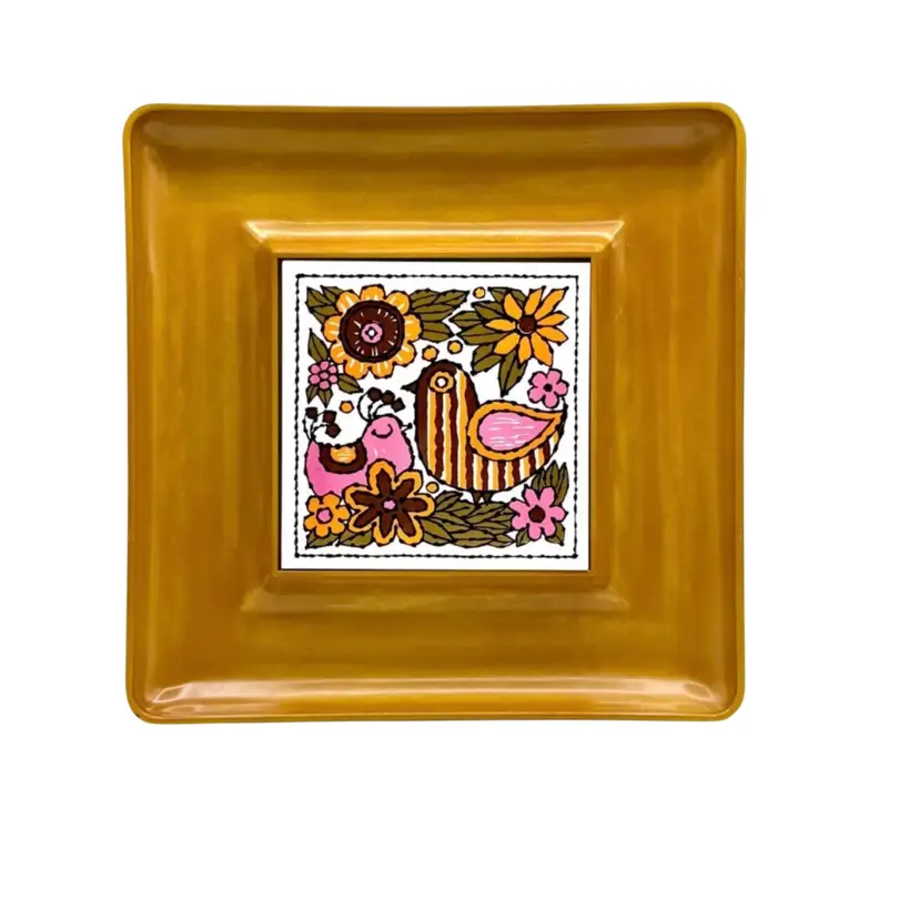 Japan Lacquered Serving Tray With Colorful Bird Tile C.1970