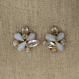 Vintage Cluster Clip On Earrings Teardrop Milky Moonstone Clear AB Gold Tone