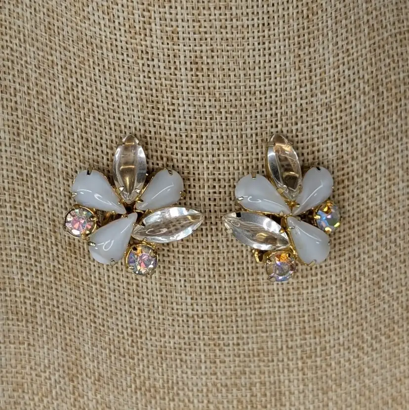 Vintage Cluster Clip On Earrings Teardrop Milky Moonstone Clear AB Gold Tone