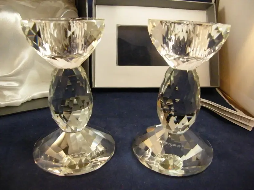 #01- Vintage Oleg Cassini Signed 4.25" Candlestick Pair IN BOX with paperwork