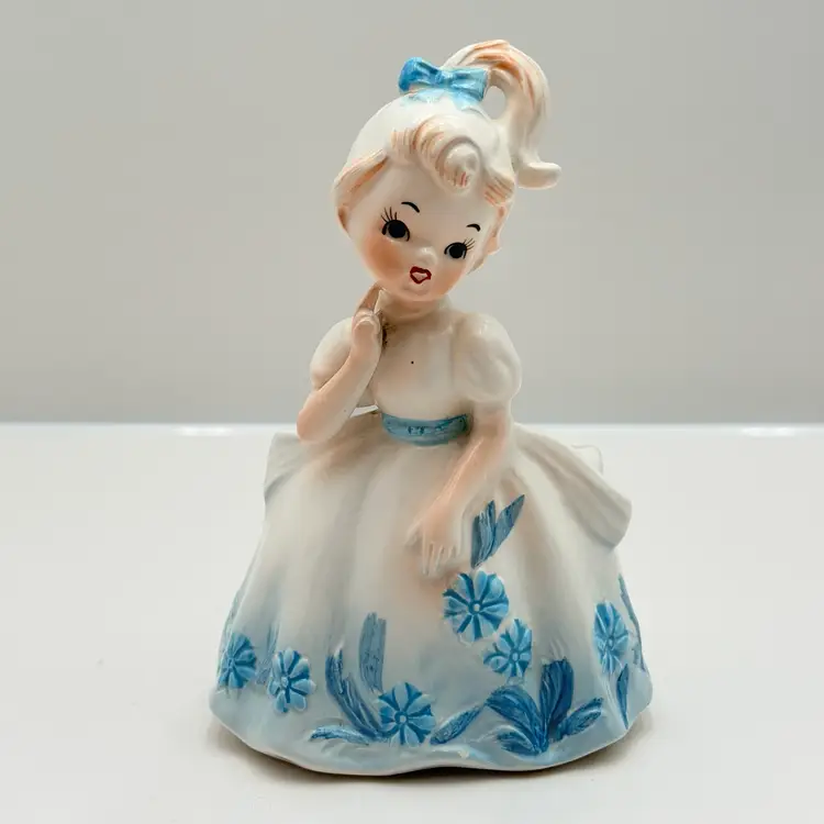 Enesco Ceramic Girl In Pretty Blue And White Dress Vintage Planter