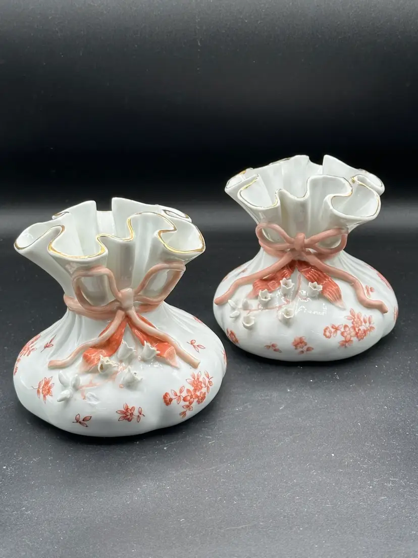 2-Lefton China Porcelain Floral Soft Red Bag Sack Vase Applied Flowers and Bow