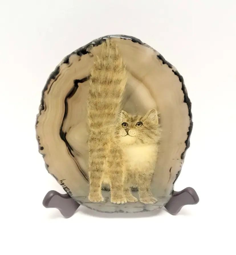 Signed Kitten Cat Agate Painting/Brazilian Agate Stone Slab/Artist Signed/Original Artwork/Kitten Decor/Cat Decor/Agate Stone/Signed