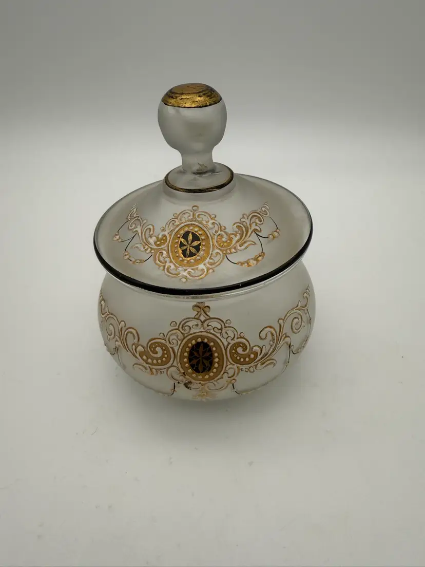 Victorian Frosted Glass Lidded Powder Jar Hand Painted Beaded