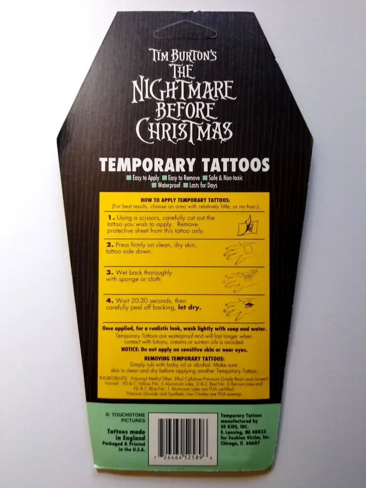 Nightmare Before Christmas Temporary Tattoos Children Masks On Tombstone Card