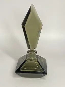 Vintage Smoke Grey Cut Glass Perfume Bottle w/ Assymetric Stopper, 7" Tall
