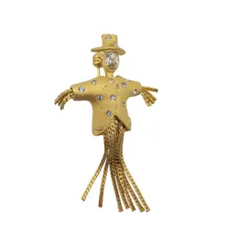 Articulated Gold Tone Scarecrow Brooch With Clear Rhinestones