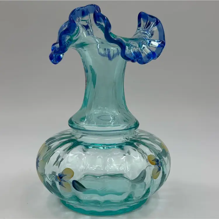 Fenton Hand Painted Floral Glass Face With Blue Ruffle hand painted by D Thorton has makers mark