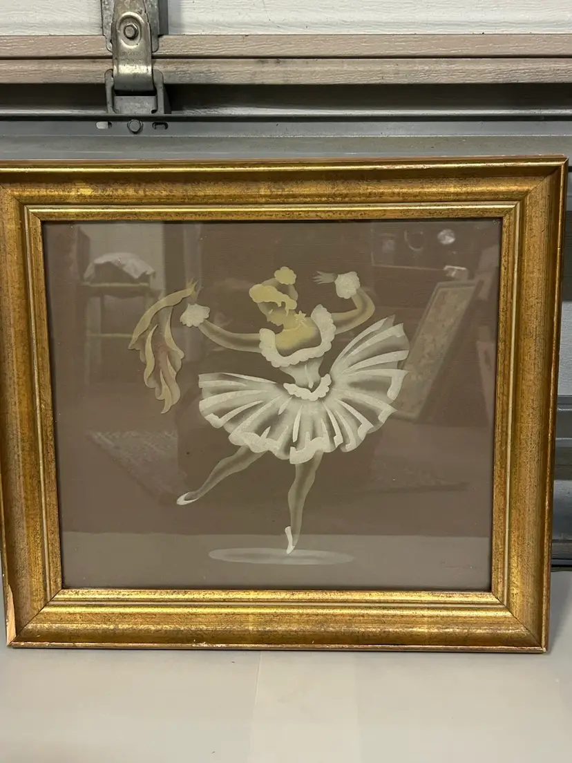 Vintage framed airbrushed on paper ballerina artwork