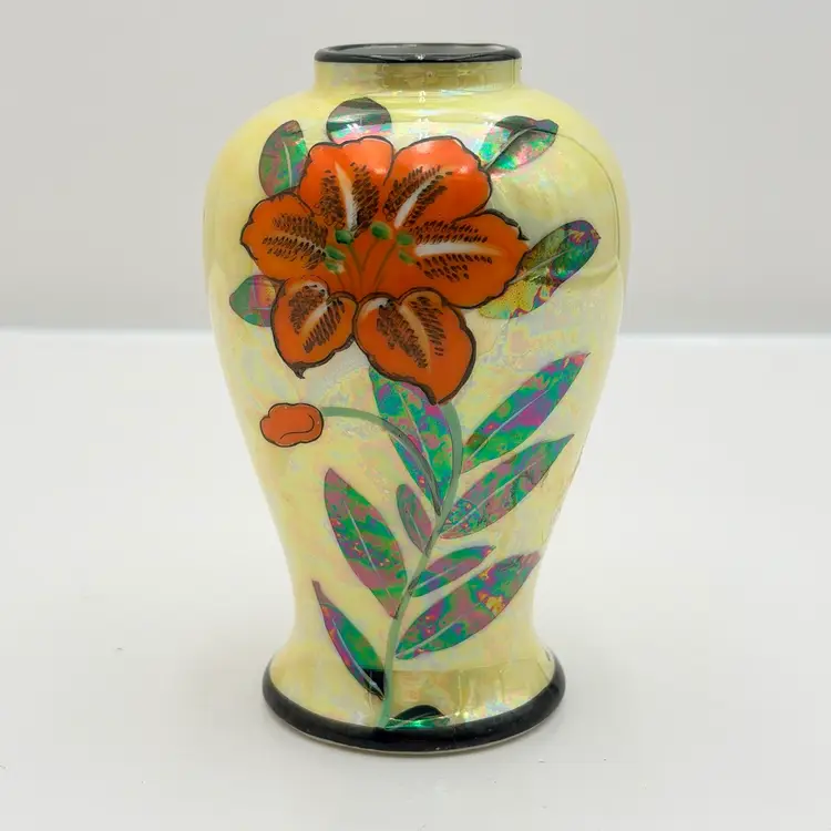 Yellow Lusterware Japan Orange Floral Hand Painted Vase