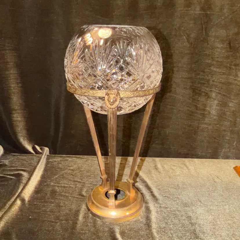 Vintage Ornate Brass Holder With 3 Lion Heads With 24% Lead Crystal Rose Bowl Made in Poland. Brass Made in India. ~13” Tall X 6” Wide