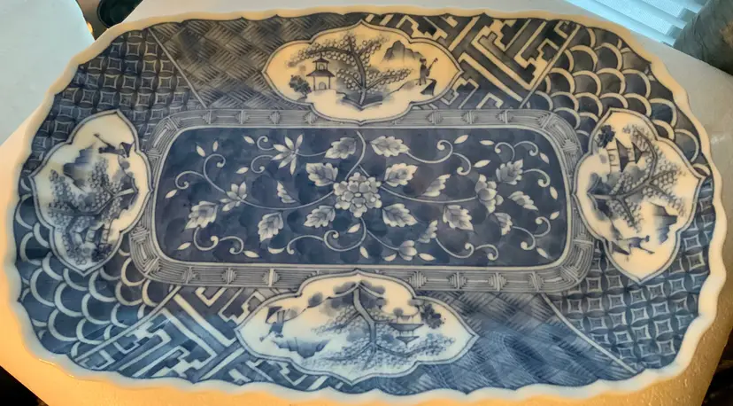 Antique 1368 - 1911 Ming Qing Dynasty Blue White Porcelain Rectangle Platter, Floral Landscape Design, Phoenix Symbol on the Back, Unbranded, Made in China