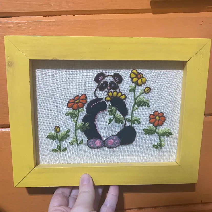 Vintage 70’s Framed CREWEL Panda