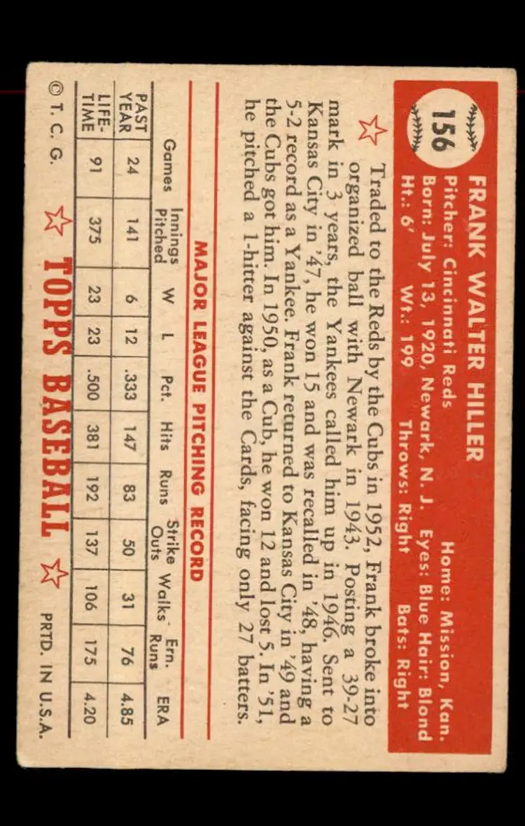 1952 Topps #156 Frank Hiller - (pk-tl1) - Cincinnati Reds