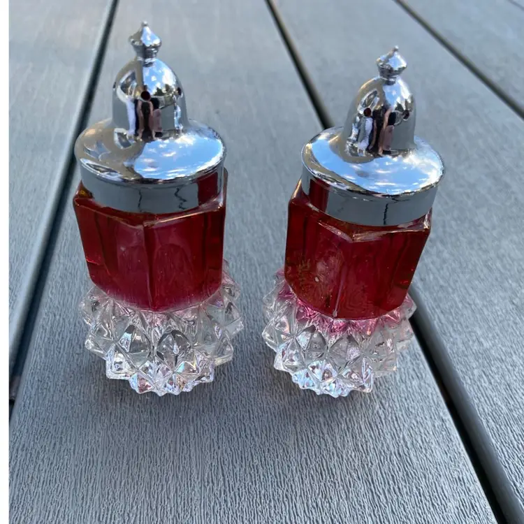 RUBY RED INDIANA GLASS KINGS CROWN DIAMOND POINT SALT AND PEPPER SET