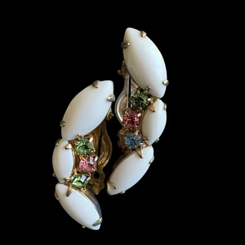 Vintage Milk Glass Silver Tone Clip On Earrings With Colorful Rhinestones