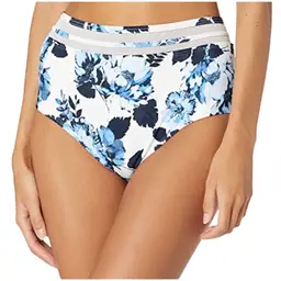 $58 Tommy Hilfiger Women's High Waisted Full Coverage Bikini Bottom, Blue/White Floral, Small