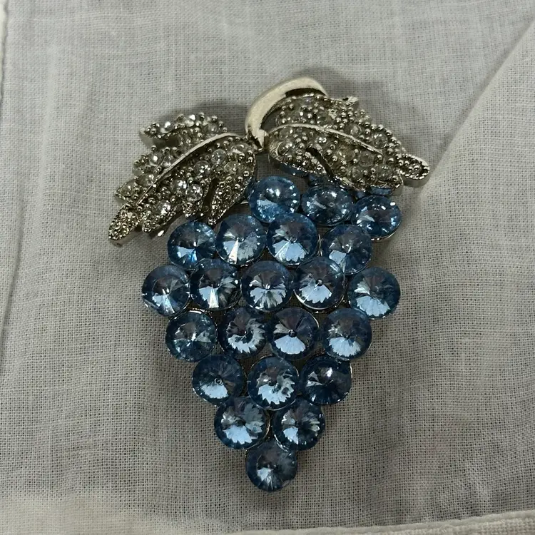 Silver Tone Blue Acrylic Grapes With Rhinestone Leaves